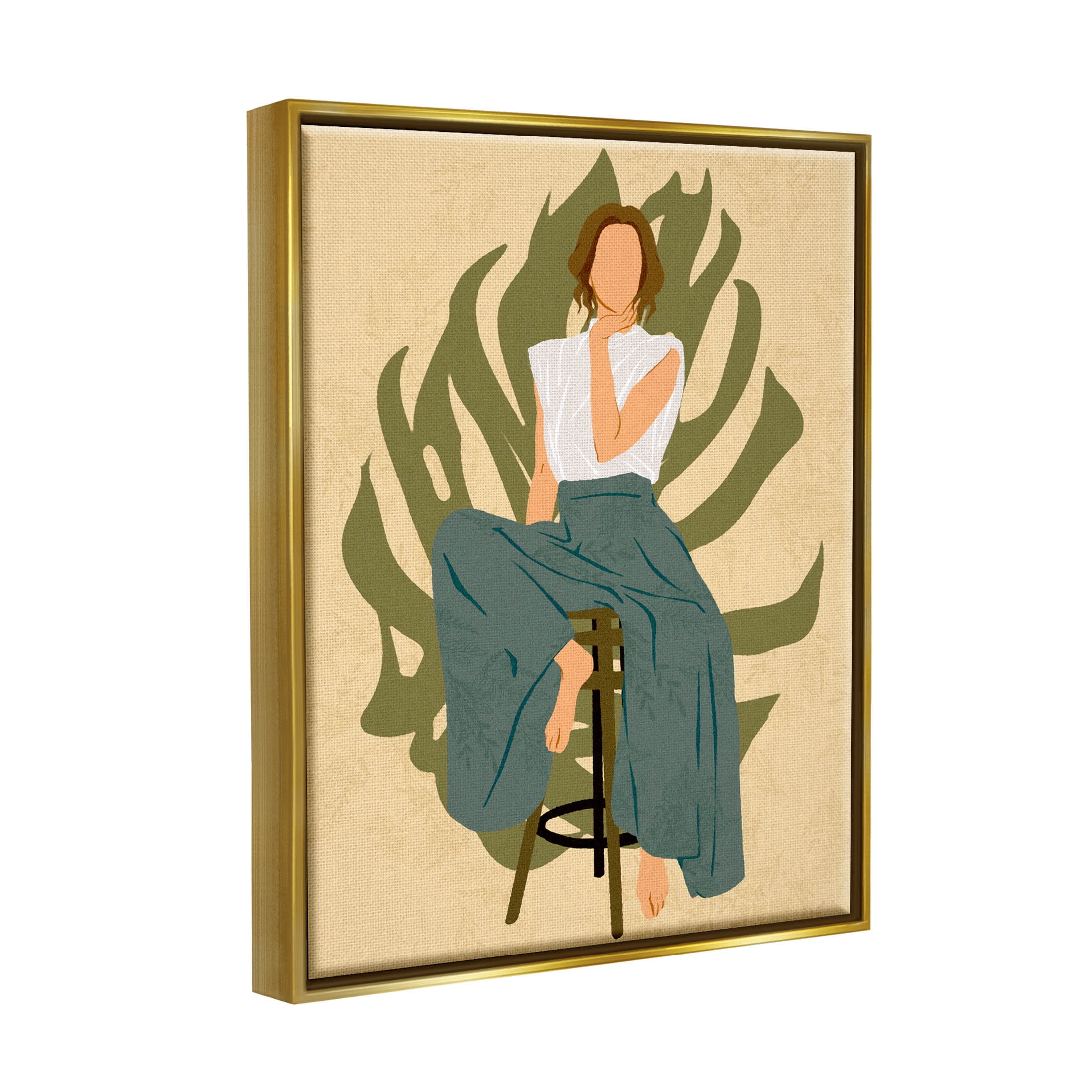 Boho Woman Sitting Plant Leaf Botanical & Floral Graphic Art Metallic Gold Framed Art Print Wall Art