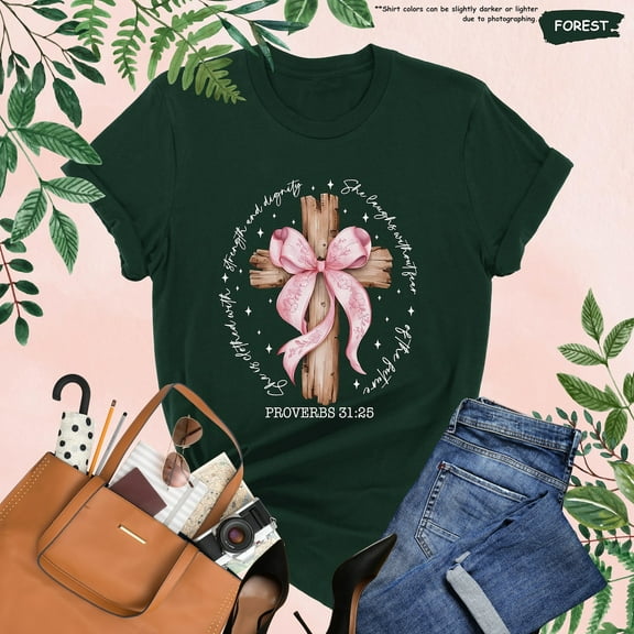 She Is Bible Verse T-Shirt, Proverbs 31:25, Faith Coquette Shirt, Coquette Bow Cross, Christian Girl Shirt, Religious Mom Gift, Church Tee All Size S-5Xl