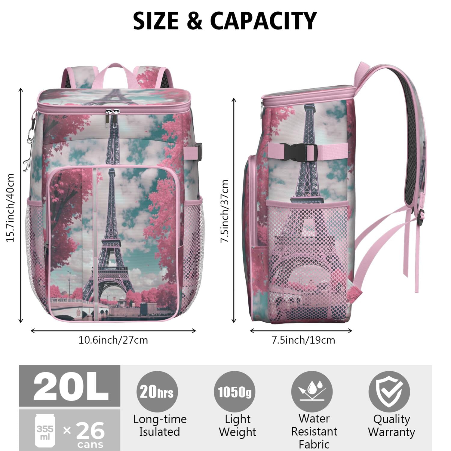 Cooler Backpack 26 Cans Paris Lightweight Insulated Backpack Cooler Leak Proof Travel Camping Lunch Backpack Office Lunch Storage for Outdoor Enthusiasts