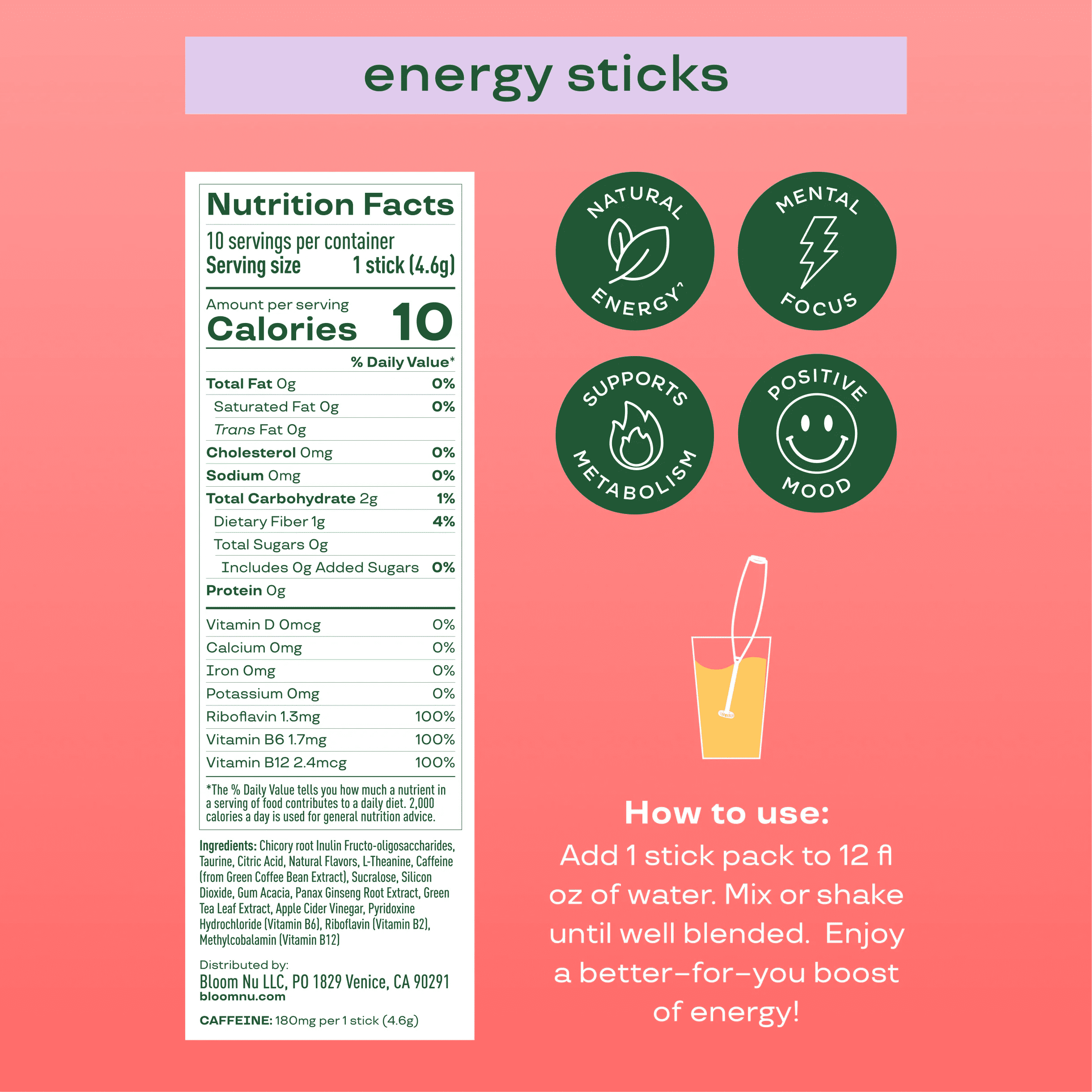 Bloom Nutrition Energy Powder Drink Mix, Sugar Free, Peach Mango, 10 Count