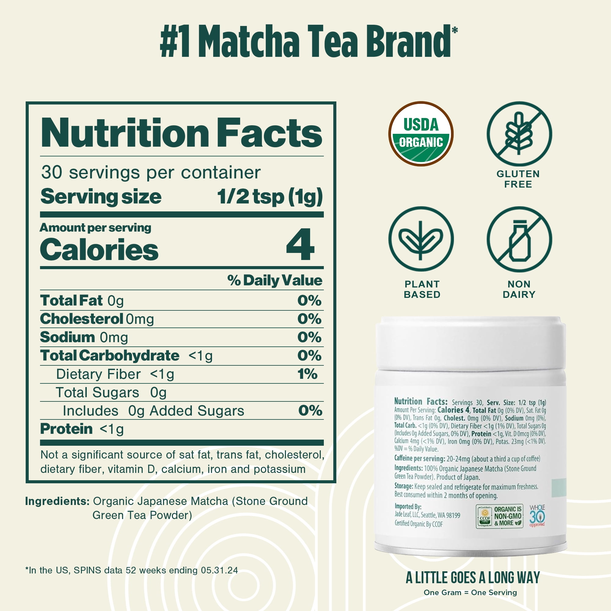 Jade Leaf Organic Ceremonial Grade Matcha Powder, Barista Edition, 1.06 oz Tin
