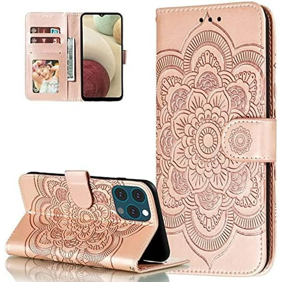 Mandala Case for iPhone11 6.1, Premium Leather Flip Wallet Card Slots Magnetic Stand Protective Cover Ultra Slim Case with Lanyard, Embossed Flip Cover-Rose Gold