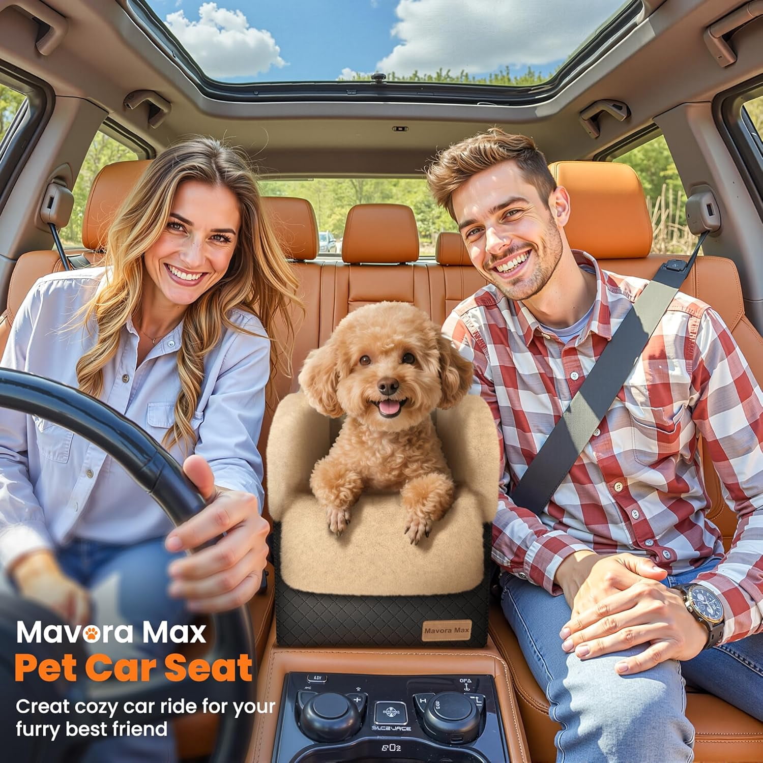 Portable Small Dog Car  for Center Console with Safety Tether, Luxury Faux Fur Pet Booster for SUV Truck