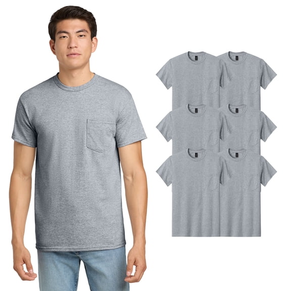Gildan Men Ultra Cotton Pocket T-Shirt, Short Sleeve Classic Fit Sport Grey 6 Pack Bulk Tee, L
