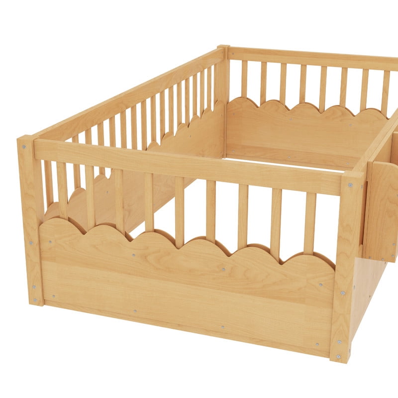 Twin Size Floor Bed with Heightened Fence, Kids Platform Bed Frame with No Slat, Montessori Storage Bed with Bookshelf