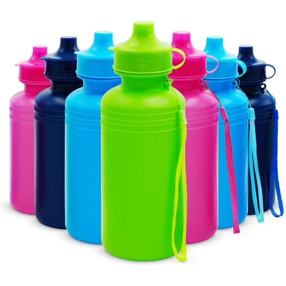 4E's Novelty 22 Pack 18 oz Squeeze Water Bottles for Kids, Reusable Plastic, Neon, BPA Free, Bulk Set