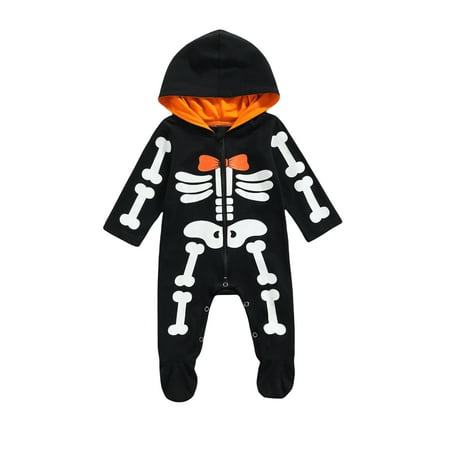 

One opening Halloween Footed Romper Infant Hooded Skeleton Print Jumpsuit Black
