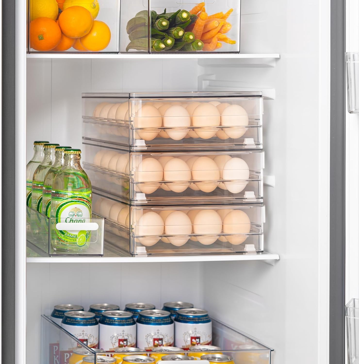 Large Refrigerator Drawer with Removable 28 Grid Egg Tray, Clear Egg Drawer for Fridge Organizer Bins, Fridge Storage Container Under Shelf Holder for Fruit,Vegetable,Meat,Cheese