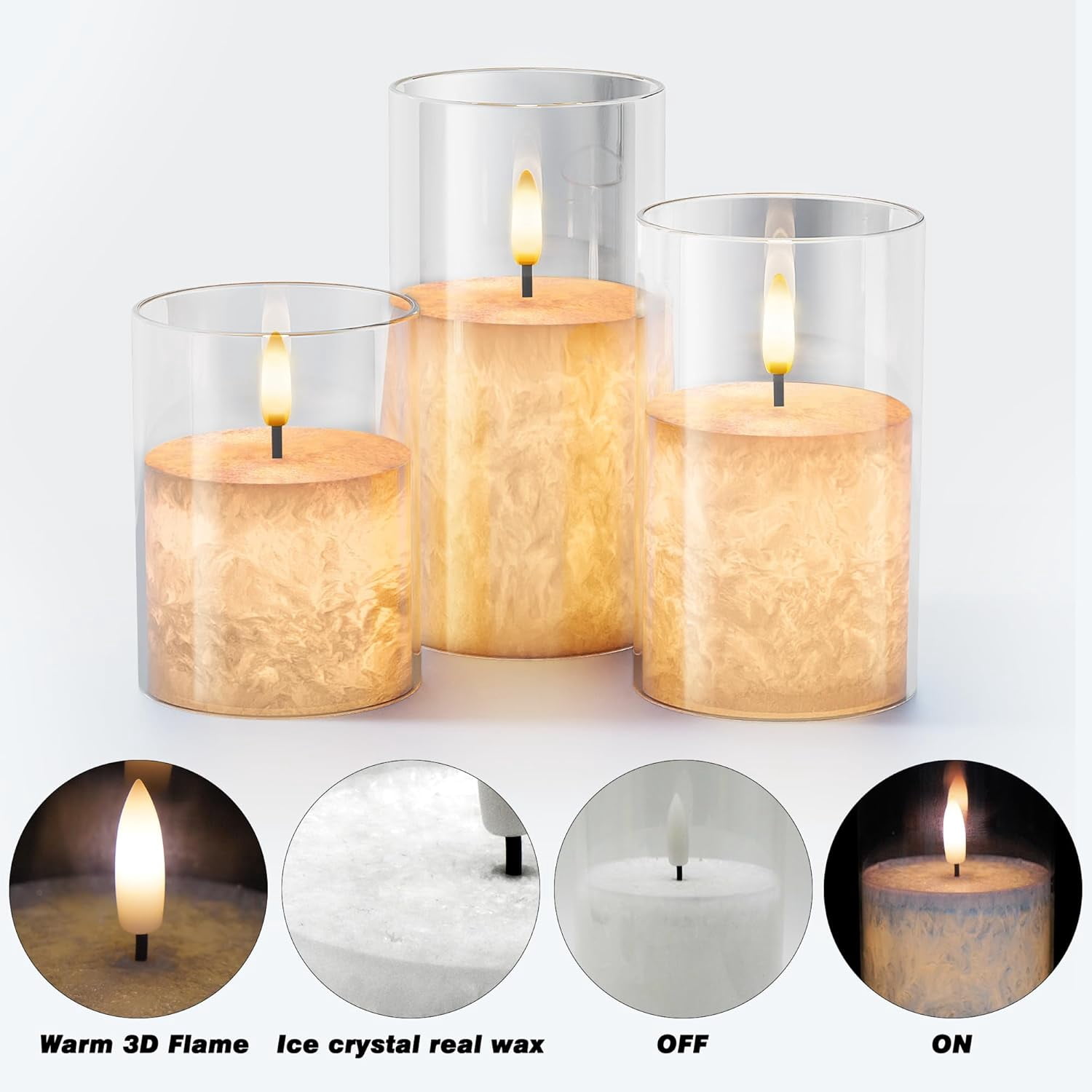 Ice Crystal Real Wax Glass Flameless Candles with Remote & Timer, Battery Operated Candles with Warm Flickering Flame, Realistic LED Candle for Wedding Home Decor [D3×H4/5"/6"] Gold, 3Pack