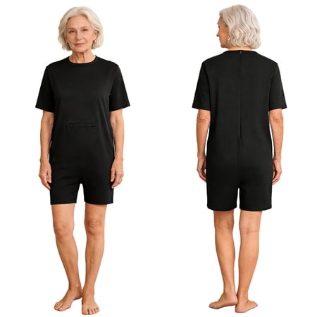 iiniim Women's Adaptive Jumpsuit with Feeding Tube Access Short Sleeve Short Rompers with Back Zipper Black S