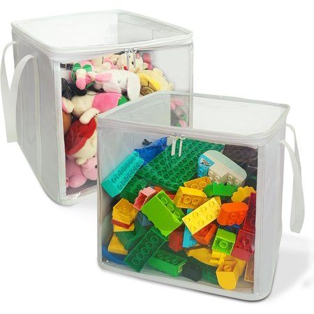 2 Pack Storage Bins PVC Boxes with Transparent Lid & Handles - Durable & Foldable - Multi-Purpose Organizer for Clothes Books and More (White Large)