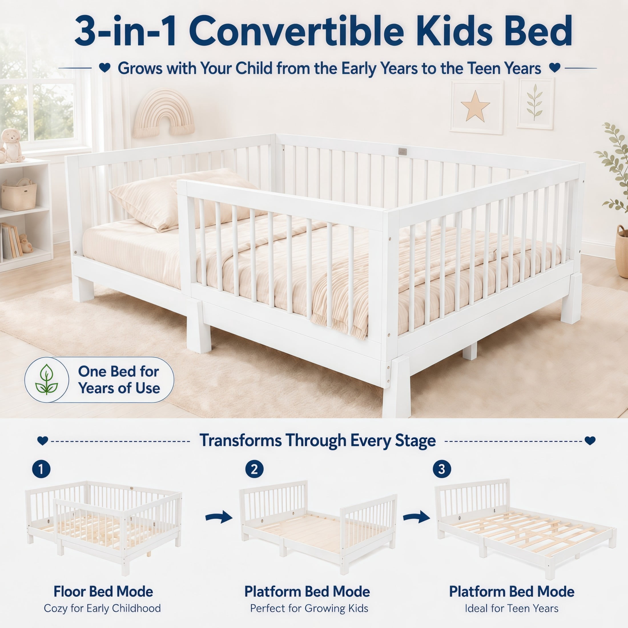 GDF Studio Rolley Full-Size 3-in-1 Convertible Montessori Floor Bed with Guardrails, Pine Wood Kids Bed Frame, White