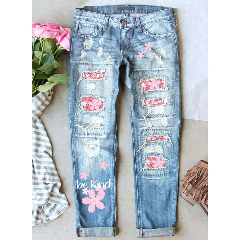FARYSAYS Women's Floral Print Ripped Jeans Casual Vintage Patch