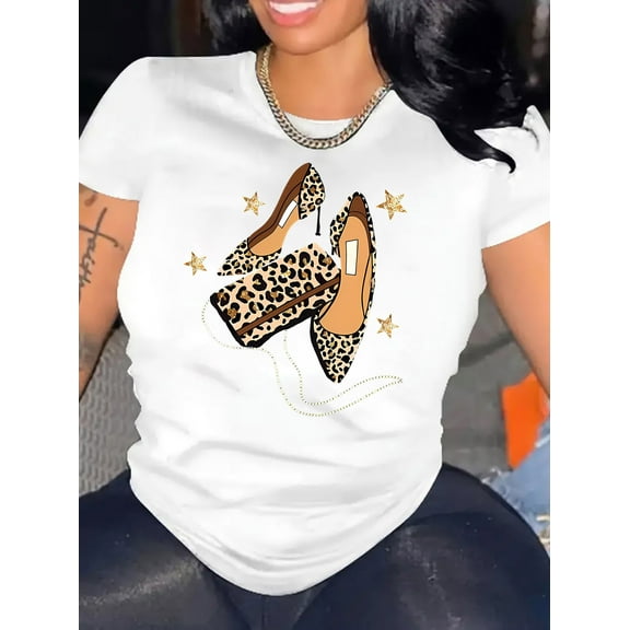 Women'S Fashion Leopard Print High Heel Graphic T-Shirt, Casual Crew Neck Short Sleeve Tee, Cotton Knit Fabric with Medium Stretch, Geometric Pattern, for All Season Comfort Fit Top