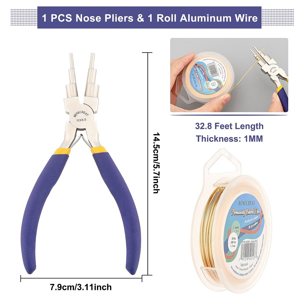 DIY Wire Wrapped Jewelry Making Kits Including Copper Wire and Carbon Steel Round Nose Pliers Light Gold 18 Gauge 1mm about 10m/roll 1roll/set