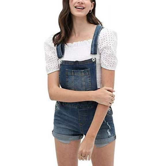 theSimple Women?s Summer Cute Denim Romper Overall Shorts - Cuffed Hem Ripped Bib Shortalls LT3397RK Blue L