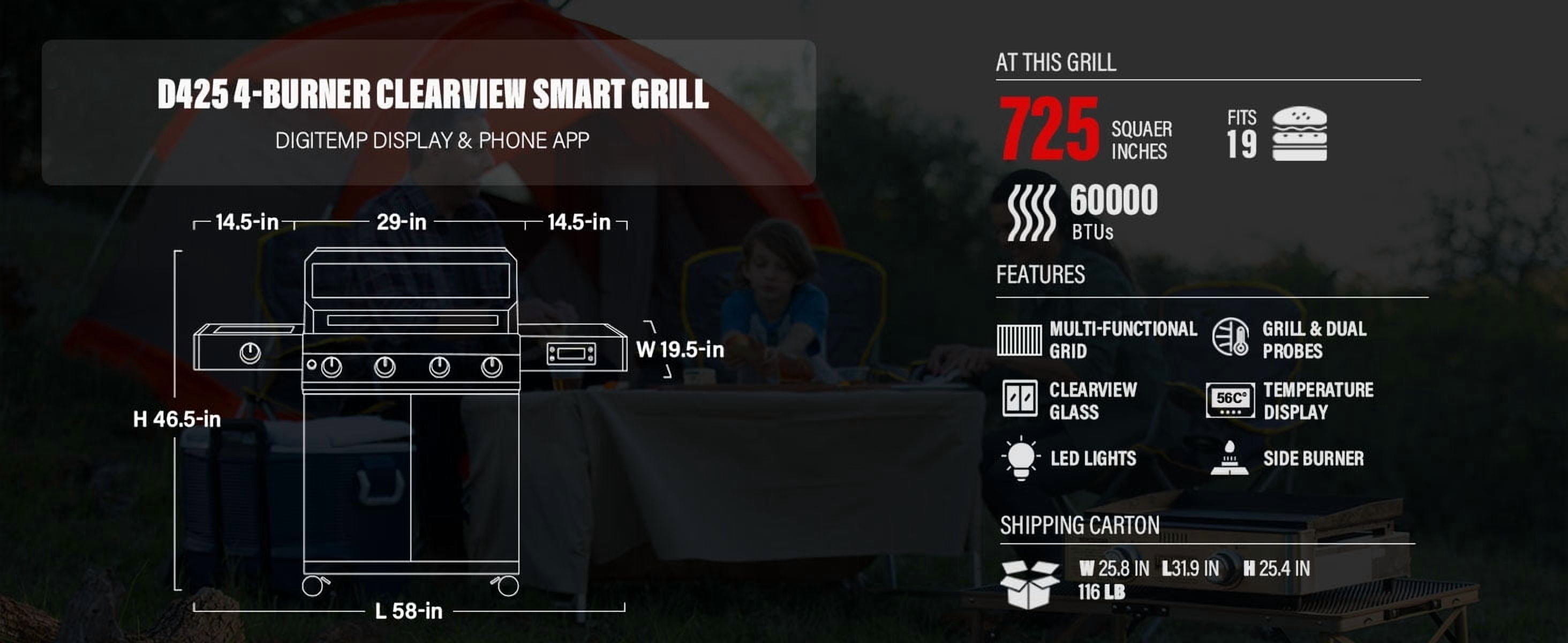 Denali 4-Burner Propane Gas Grill in Stainless with Clearview Lid, 3-Phase LED Controls, Grill Cover, and Side Burner