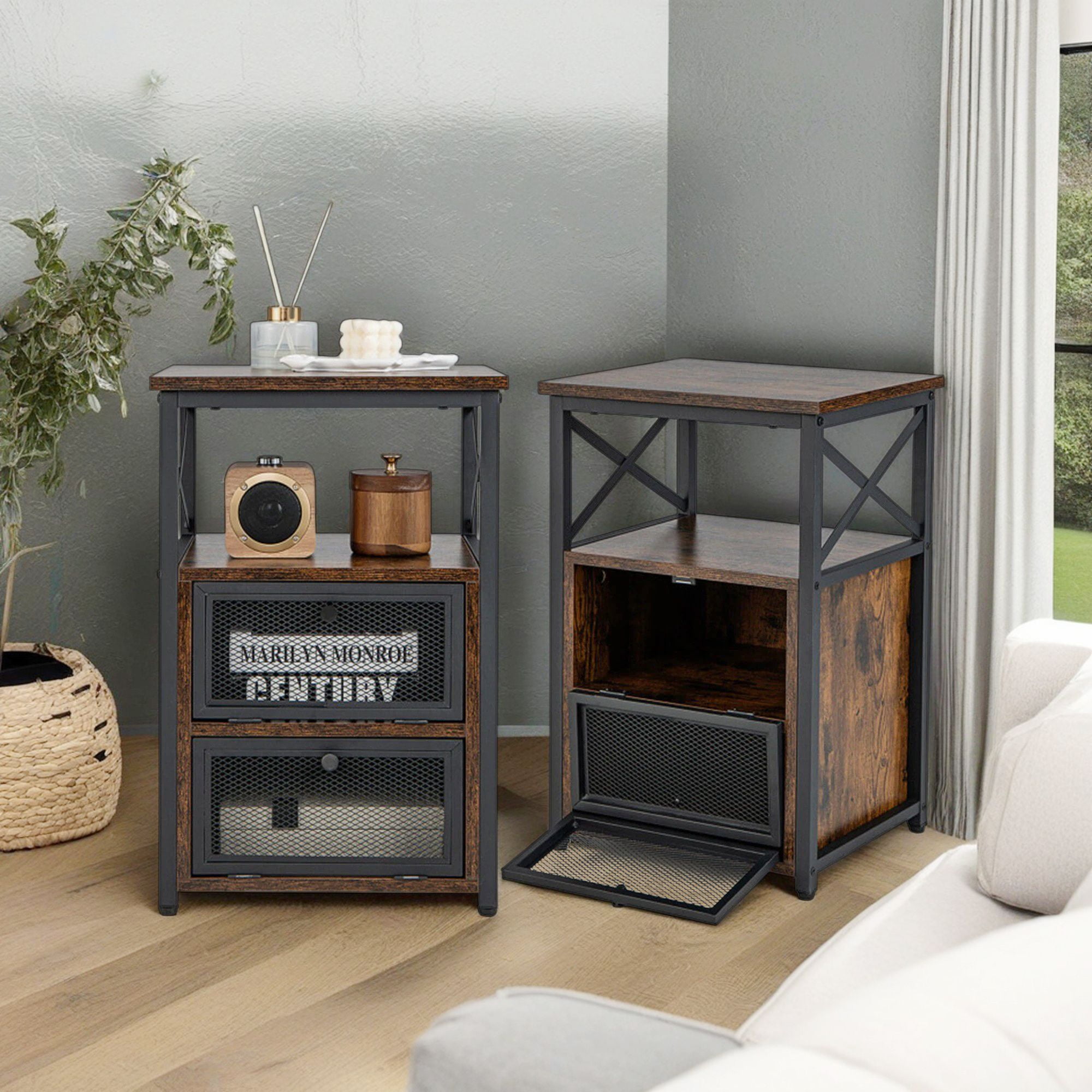 Demi Bonn 3-Piecedustrial Coffee Table Set, Rectangular Coffee Table with L-shaped Middle Shelf & 2 Modern Nightstands with 2 Flip Drawers and Open Shelf, for Living Room, Brown