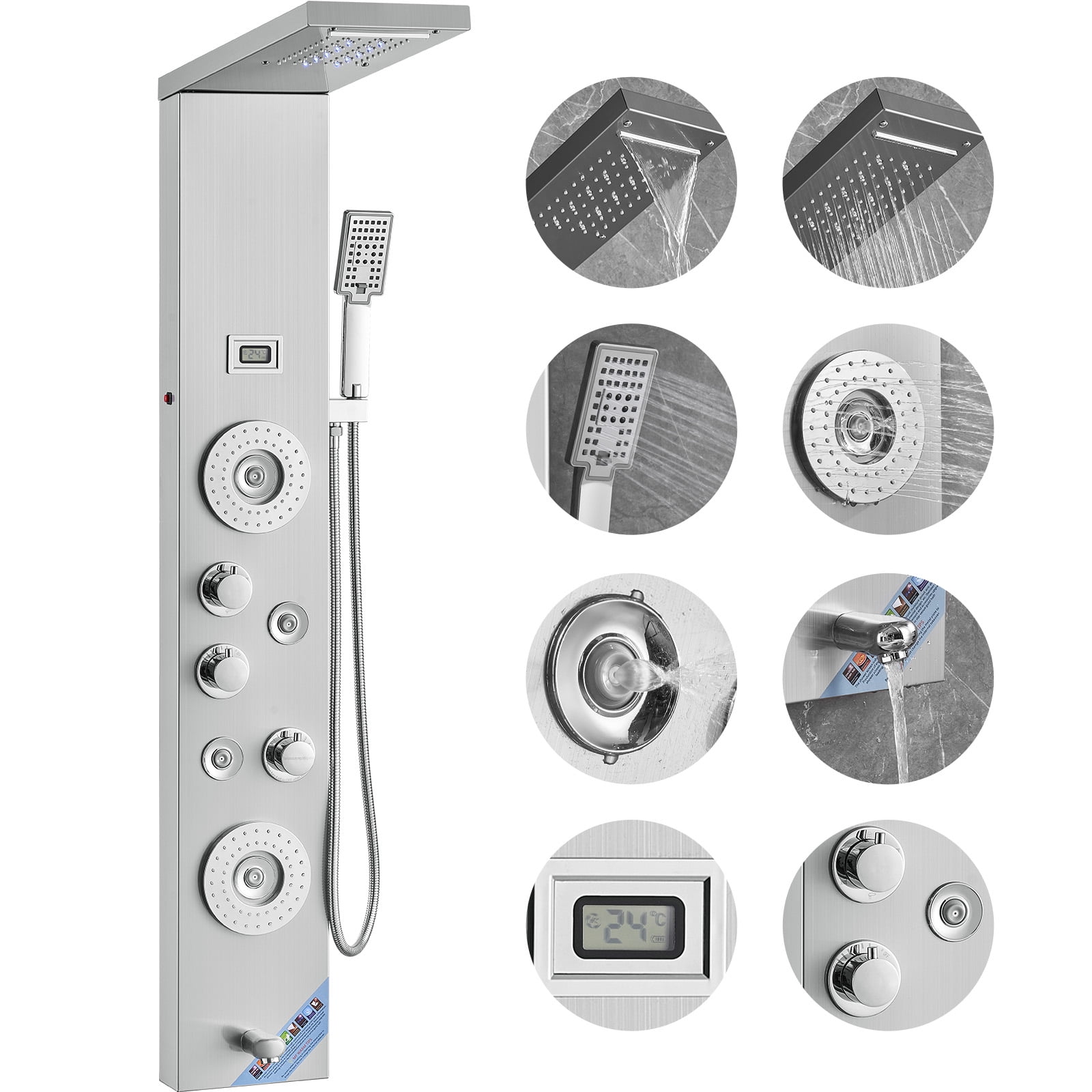 KFFKFF Panel Shower Tower System Stainless Steel 6 Mode LED and Rain Display