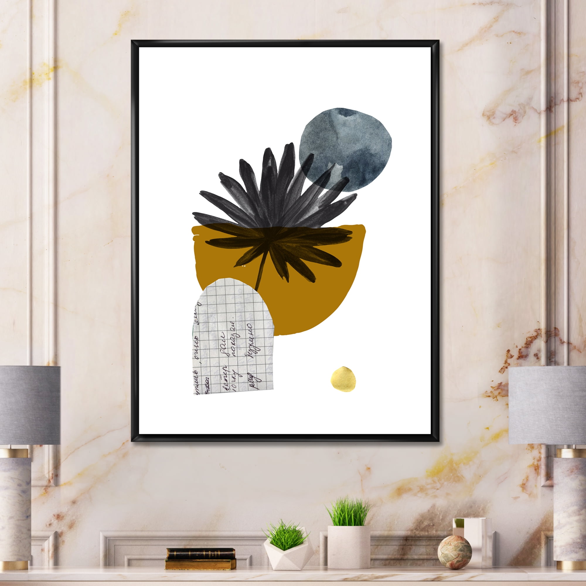 Designart 'Abstract Geometry Shapes and Tropical Palm Leaf I' Modern Framed Canvas Wall Art Print