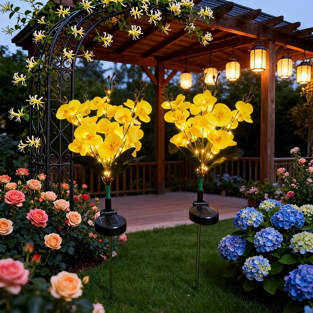 Solar-Powered Phalaenopsis orchid Lawn Lights - Outdoor Garden Decor with Multi-Color Led String Weatherproof Plastic & Stainless, Yellow, JKODE