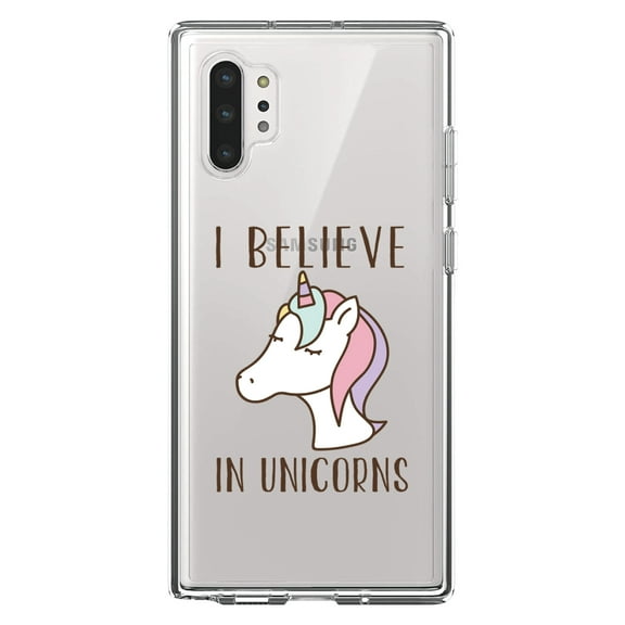 DistinctInk Clear Shockproof Hybrid Case for Galaxy Note 10 PLUS (6.8" Screen) - TPU Bumper Acrylic Back Tempered Glass Screen Protector - I Believe in Unicorns