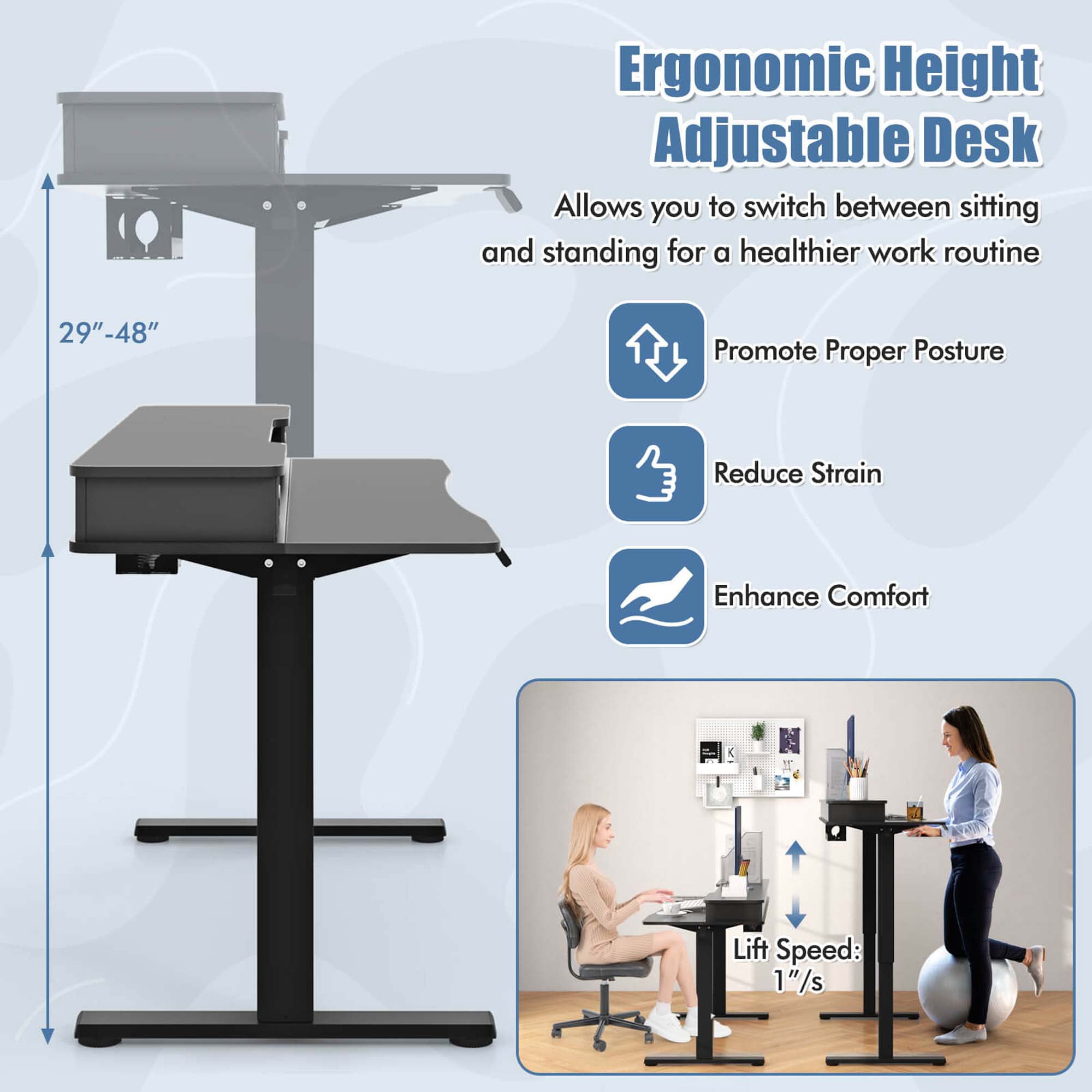 Costway 48"x 24" Electric Standing Desk with 2 Drawers Monitor Stand Storage Shelf Black