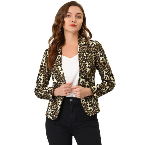 INSPIRE CHIC Chaqueta Tipo Blazer Informal Con Solapa De Muesca Y Manga Larga Para Mujer Marrón-Leopardo S