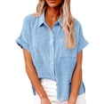 thumbnail image 2 of YDDIAN Summer Work Tops for Women Fashion Button Up Loose Fit Collared Shirts V Neck Short Sleeve Cute Casual Tops Sky Blue 4XL, 2 of 5
