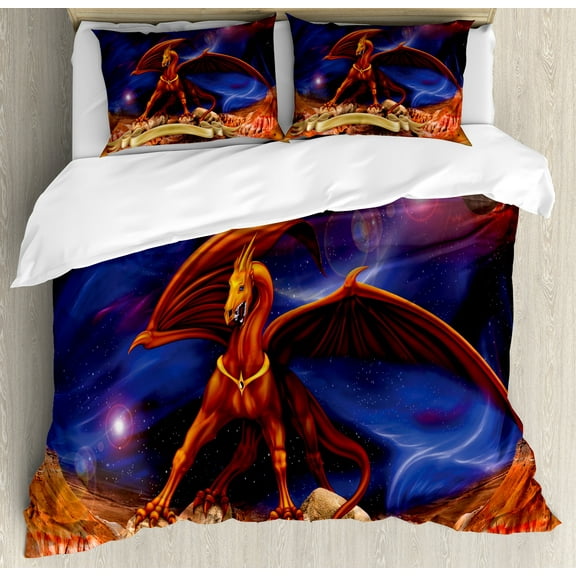 Dragon Duvet Cover Set, Fantasy Scene Animal Knight Against Cosmos Galaxy Planetary Space Background, Decorative 3 Piece Bedding Set with 2 Pillow Shams, Queen Size, Blue Cinnamon, by Ambesonne