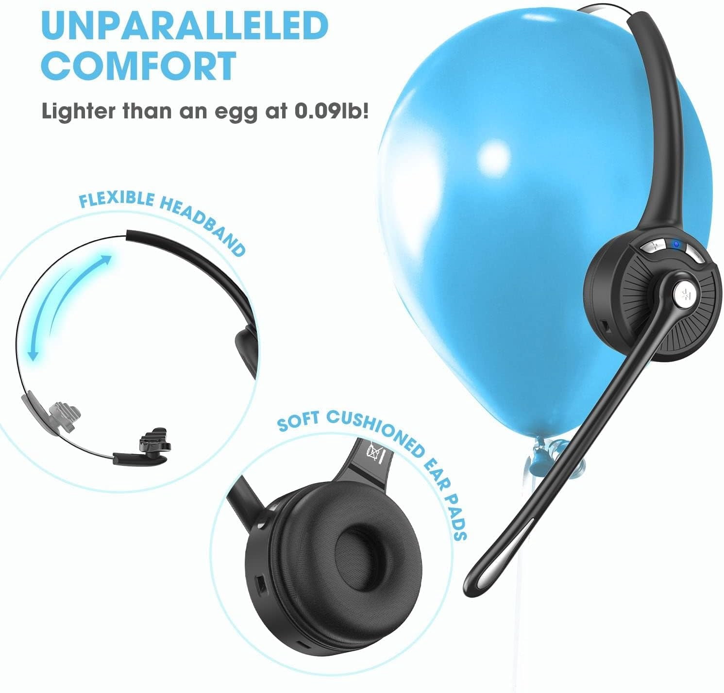 Bluetooth Headset with Microphone,V5.1,Noise Canceling Wireless On Ear Headphones, Bluetooth Headphones with Mic, Phone Headset Mute Button for Laptop, Skype, Call Centers, Office, Trucker
