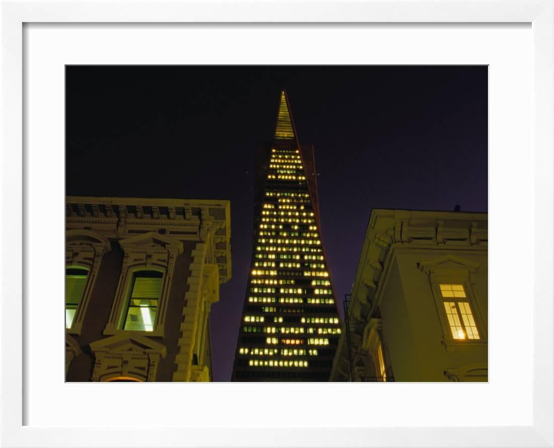 San Francisco vintage style travel poster Transamerica pyramid building at night