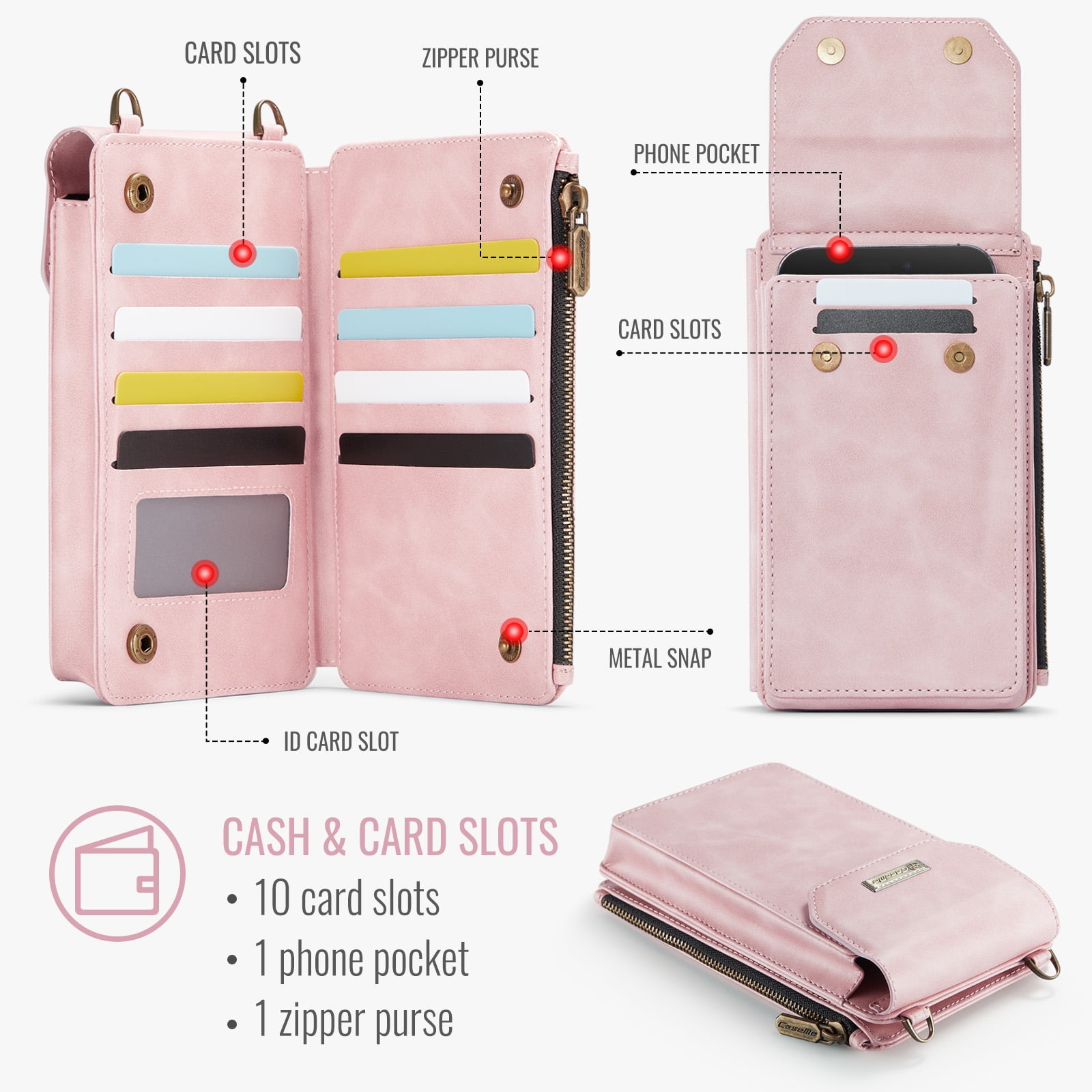 Crossbody Cell Phone Purse Bag for Women Men, Small Leather Wallet with 10 Card Slots, Zipper Pocket & Adjustable Strap Shoulder Bag Clutch with Magnetic Closure Fits Most Smartphones Under 7.3",Pink