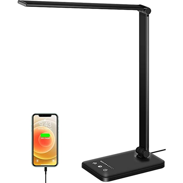 Lámpara de escritorio LED, lámpara de mesa regulable con 10 niveles de brillo y 5 modos de color, control táctil, protección ocular, puerto USB/función de temporizador, plegable/giratoria.
