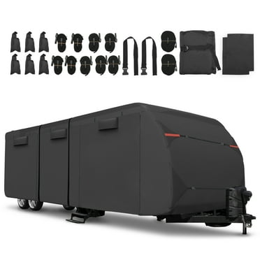 Unique Bargains 1 Set Waterproof RV Travel Trailer Cover Fits 22'-24' with Extra Windproof Ropes and Gutter Covers Black