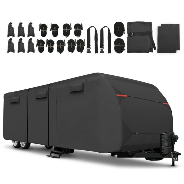 Unique Bargains 1 Set Waterproof RV Travel Trailer Cover Fits 22'-24' with Extra Windproof Ropes and Gutter Covers Black