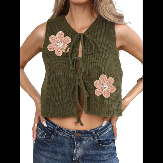 Chaleco de Suéter para Mujer, Sin Mangas, Bordado, Cuello en V, Abierto Al Frente, con Lazo, Corte de Crochet, Informal, Y2K. Verde M