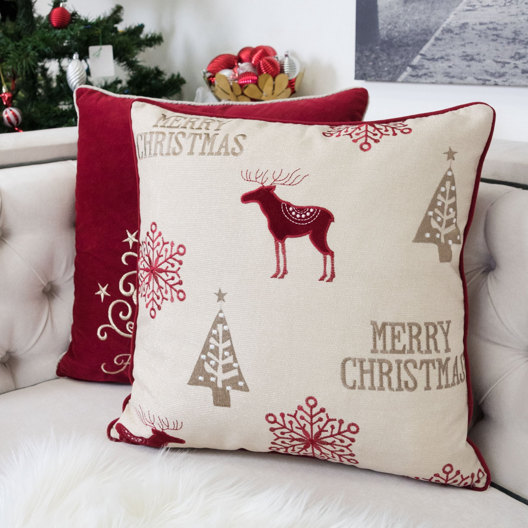 Merry Christmas Embroidered Throw Pillow with Reindeer Snowflakes Trees 20x20 Inch Holiday Decor