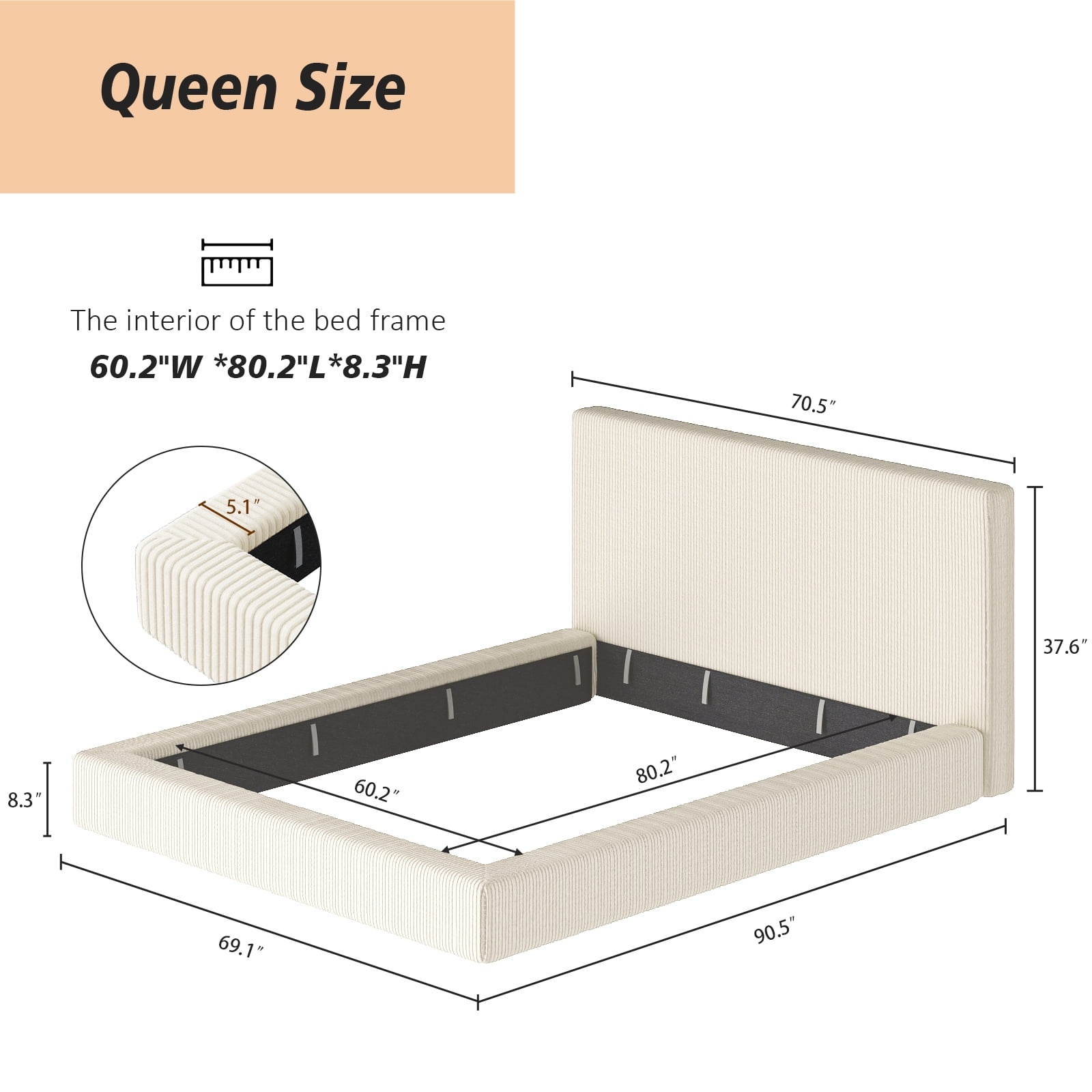 Queen Size Upholstered Bed Surround, Soft Corduroy Cushioned Bed Surround with High-Density Sponge, Low Profile Bedroom Bed Surround, Cream, Bed Frame Not Included