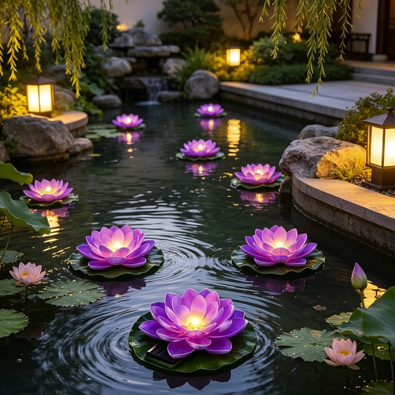 Akmoler Floating Lotus Flower Solar Pool Lights with Lily Pads (Purple) | 6.69'' Large Realistic Floating Foam Lotus Flowers Water Lilies for Ponds Fountain Garden Aquarium Pool Decor
