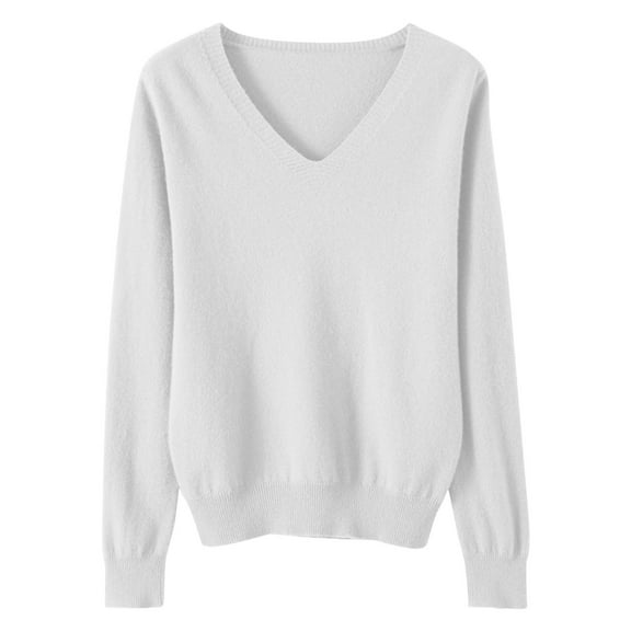 VINUSLI V Neck Sweater Women Solid Knit Cotton Pullover Sweaters Plus Size Lightweight Casual Long Sleeve Soft Jumper Top White,XXL