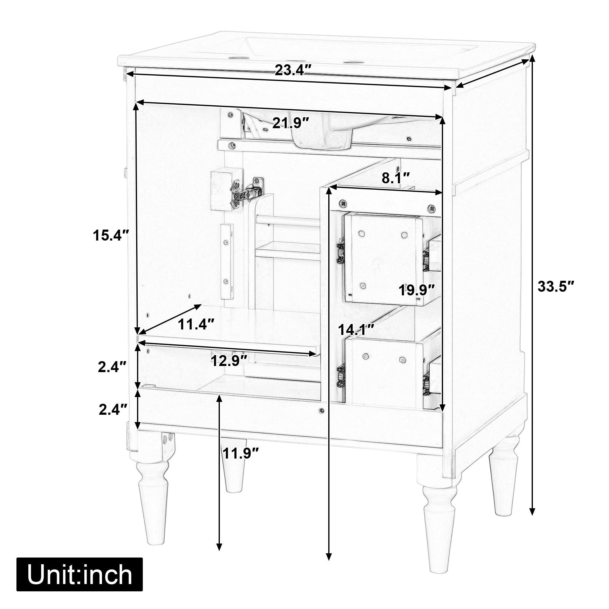 Euroco 24 Inch Bathroom Vanity with Sink, Grey Blue Freestanding Bathroom Cabinet with Flip Drawer, Adjustable Shelf, Solid Rubberwood Frame, MDF Panels & Metal Handles