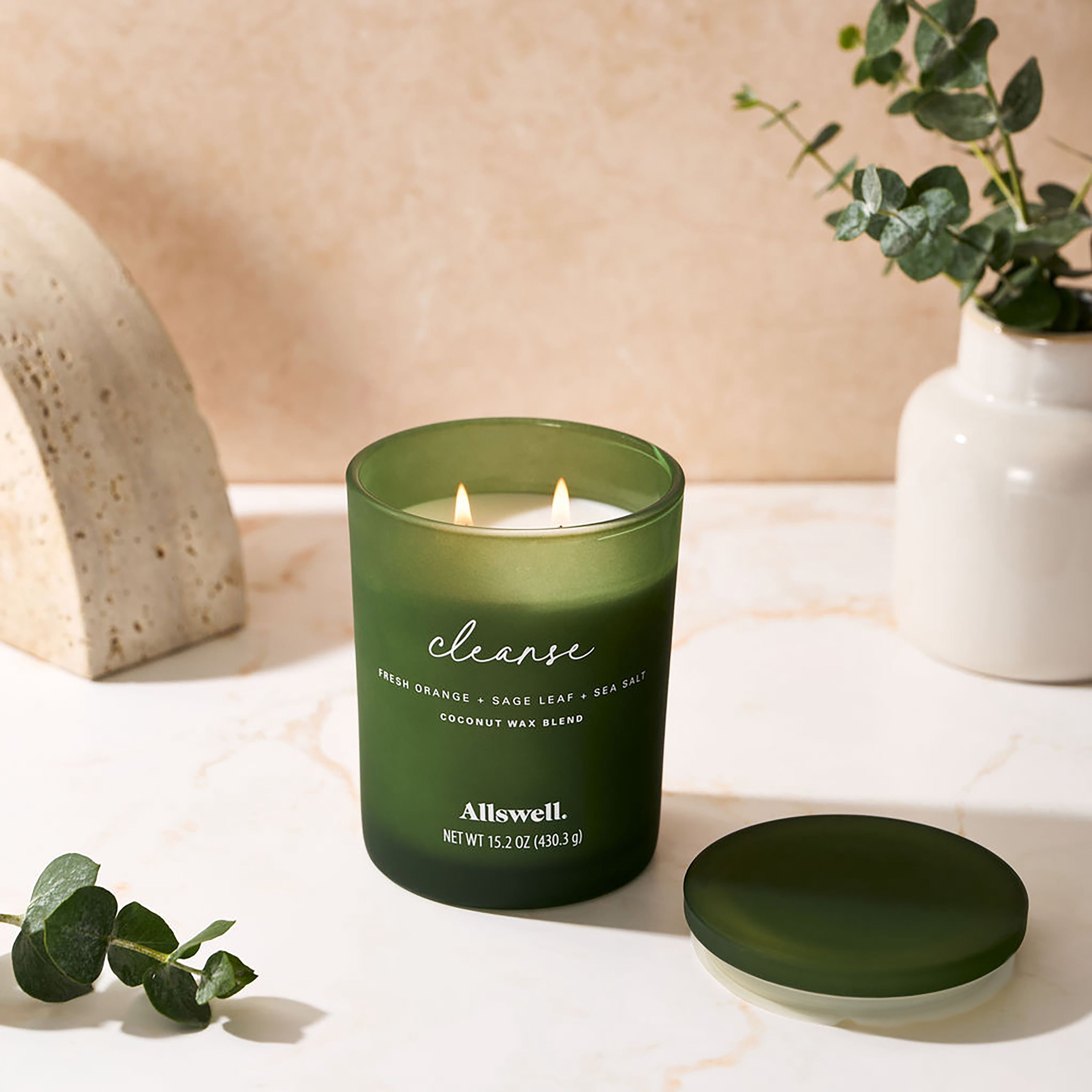 Allswell Cleanse Scented 2-Wick Spa Jar Candle, Fresh Orange + Sage Leaf + Sea Salt, 15.2 oz