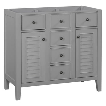 36-inch bathroom vanity cabinet base, solid wood frame, two cabinets with five drawers, sink not included-Gray