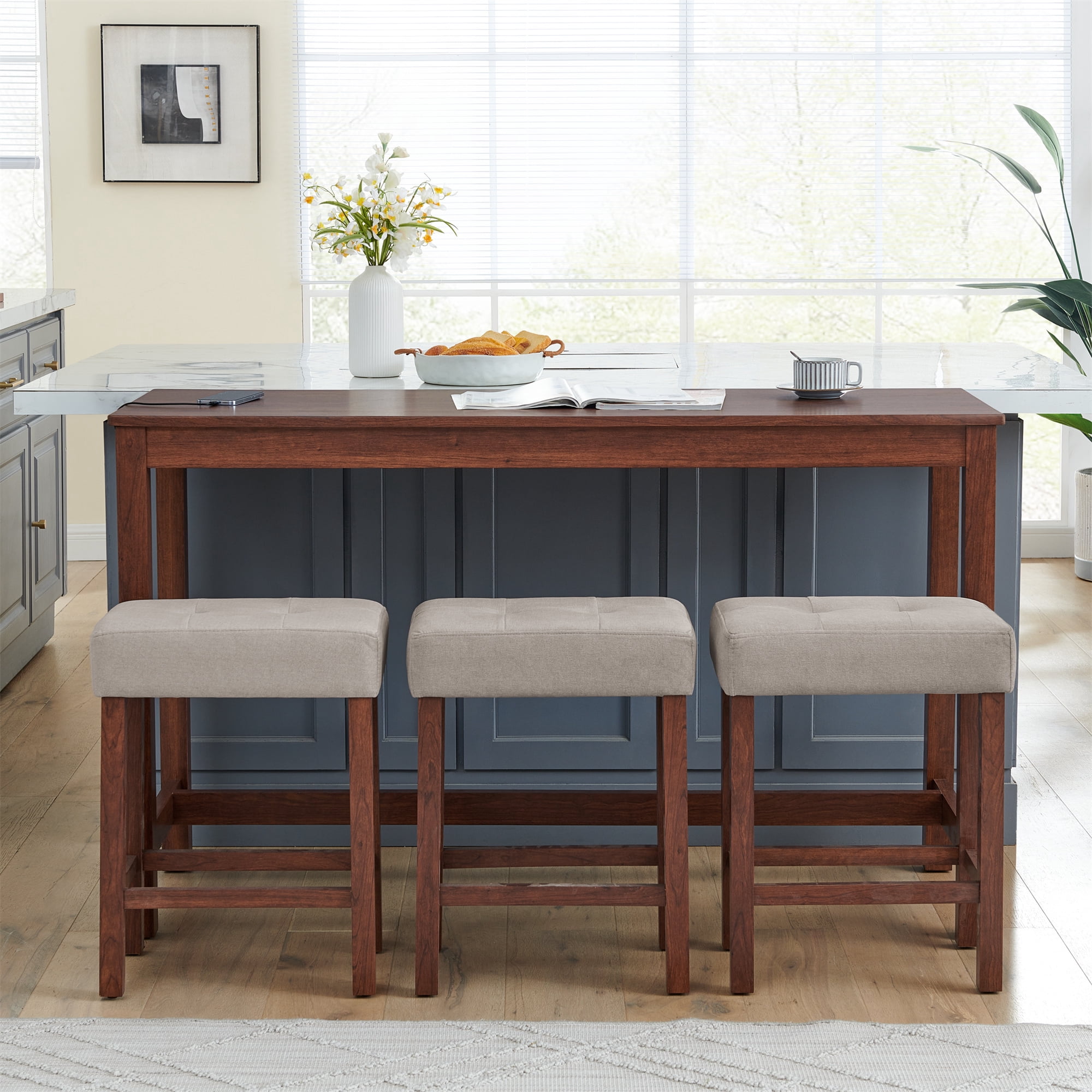 Leumius 4 Piece Bar Table Set with Power Outlet,Rustic Industrial Style Breakfast Table with 3 Padded Stools,Dining Bar Table and Chairs Set for Living Room, Dining Room, Game Room,Cherry