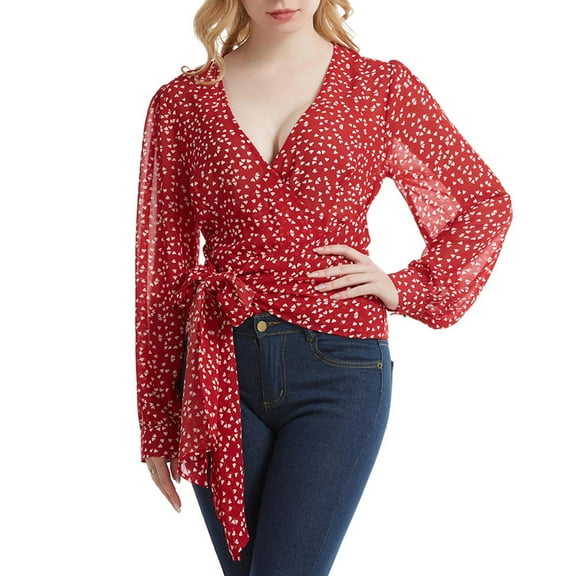 Lenpel Blouses for Women Long Sleeve Wrap Deep V Neck Tie Side Heart Printed Crop Tops See Through Casual Shirts(Red,X-Large)