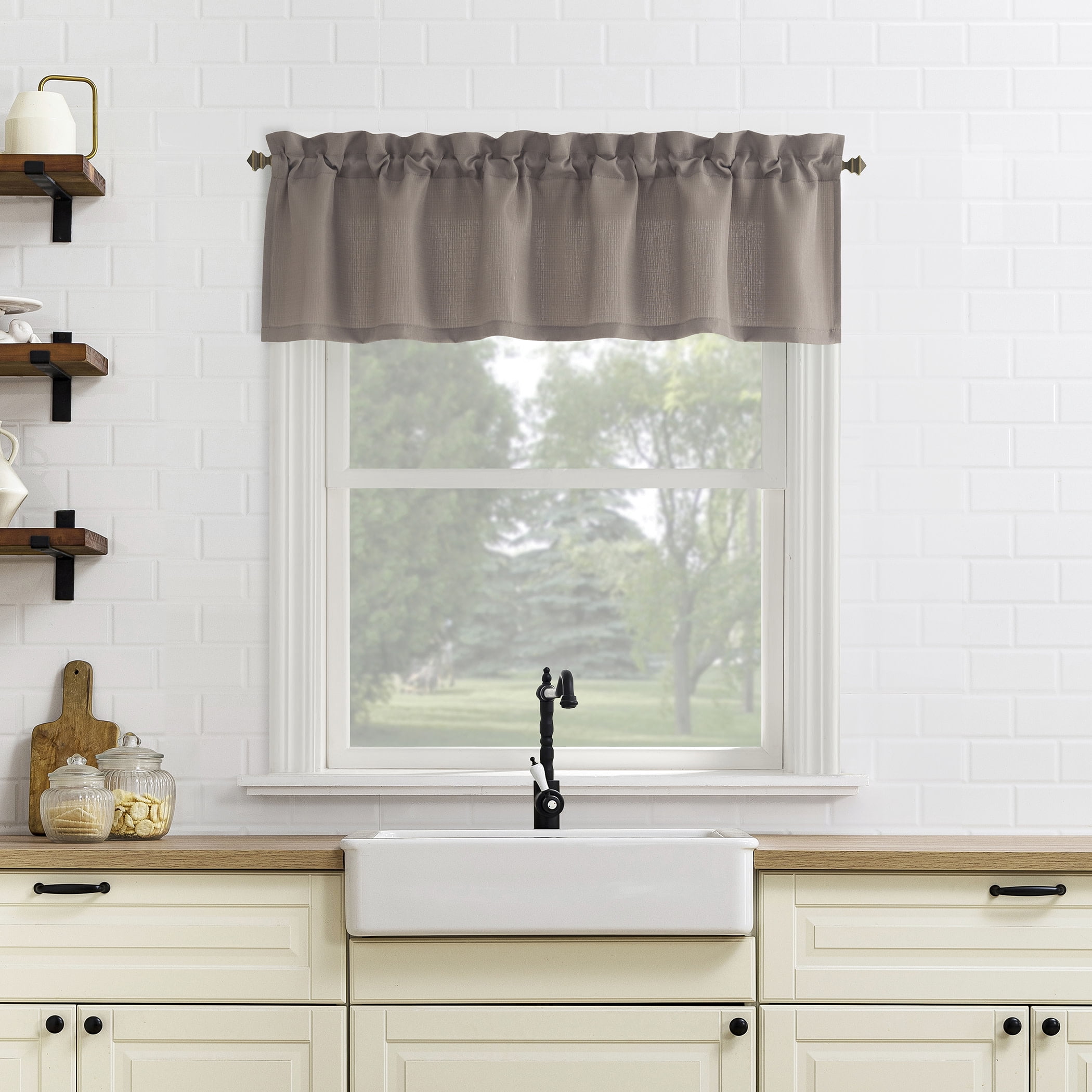 Mainstays 3-Piece Textured Semi Sheer Rod Pocket Kitchen Window Tier Pair and Valance, 2 Café Curtains and 1 Curtain Valance, Beige, 56"W x 36"L