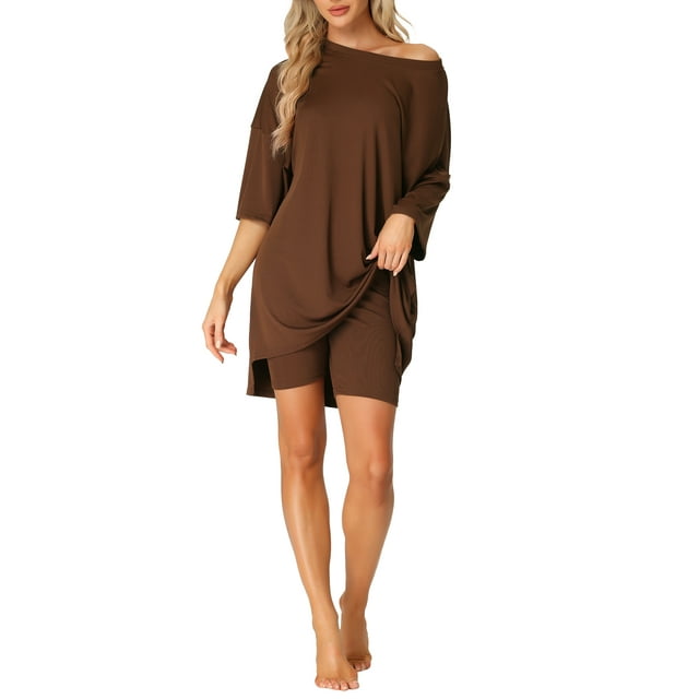 Conjunto de lounge de gran tamaño para mujeres INSPIRE CHIC, sudaderas de entrenamiento, camiseta con pantalones cortos de ciclista, conjuntos M marrón