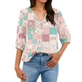 thumbnail image 6 of Women's Patchwork Floral 3/4 Sleeve Blouse - V-Neck Button Down Boho Tunic Top, Lightweight Casual Loose Fit Shirt for Spring Summer Pink L, 6 of 6