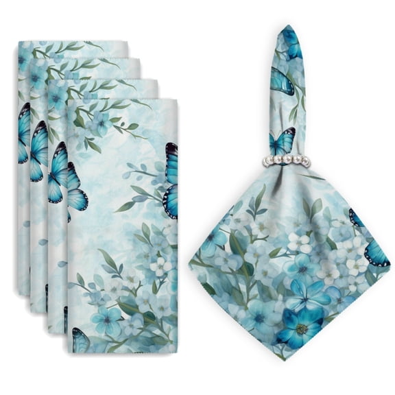 Bahomeck Napkins Set Of 4 Reusable Washable Square Fabric Dining Table Napkins Weddings Party Dinner Decor,18*18 Inch,Blue Butterflies Flying In The Air Surrounded By White Flowers